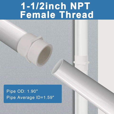 Pack of 2 White 1-1/2 Inch PVC Female Thread Adapters showing slip socket and NPT thread detail, ideal for plumbing.