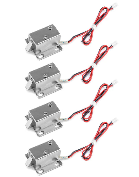 Compact 12V Direct Current Electromagnetic Solenoid Lock 4 Pack Slide Bolt Tongue Down Safety Latch for Cabinet Drawer and Exit Door.