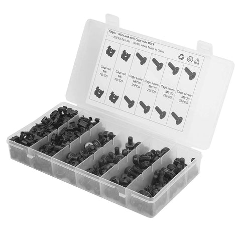 M6 Cage Nut And Screw Kit For Racks And Cabinets, Heavy Duty Carbon Steel Fasteners In Black Finish, Tool Free Quick Install Spring Loaded Cage Nuts With Screws For Chassis, Controllers, Vehicles, And Railways, 100 Nuts And 100 Screws in organizer box