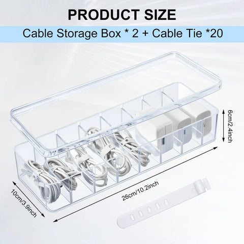 2 Pack Cable Organizer Box With Lids Clear Plastic Cord Storage Box For Home Office Desk Electronics Organizer Includes 20 Silicone Wire Ties