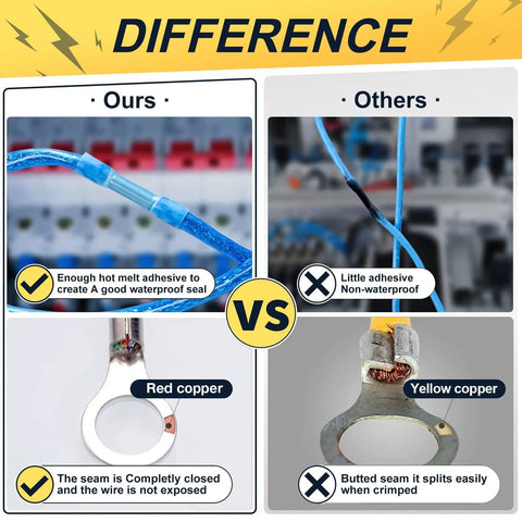 Comparison of marine wiring connectors from 620 Piece Marine Grade Heat Shrink Wire Connector Kit with others, highlighting differences in waterproofing and material.