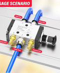 Five Way Two Position Air Valve Workhorse With One Quarter Inch NPT Ports P, A, B And One Eighth Inch NPT R, S Hand Lever Manual Control Solenoid Valve For Pneumatic Systems Boss Level Quick Activation 0 To 0.8 MPa 32 To 140 F Model 4R21008 installed with blue hoses