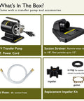 Box contents showing 115V Water Transfer Pump For Home Use, Portable Electric Utility Moves Water Up To 264 Gallons Per Hour (4.4 GPM) With 46 Foot Lift, 6 Ft Cord, Includes suction hose, strainer, and replacement impeller kit.
