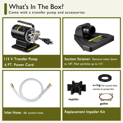 Box contents showing 115V Water Transfer Pump For Home Use, Portable Electric Utility Moves Water Up To 264 Gallons Per Hour (4.4 GPM) With 46 Foot Lift, 6 Ft Cord, Includes suction hose, strainer, and replacement impeller kit.