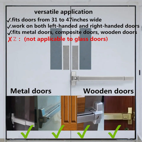 Stainless Steel Push Bar Panic Exit Device With Exterior Lever Handle For Commercial Doors installed on metal and wood doors.