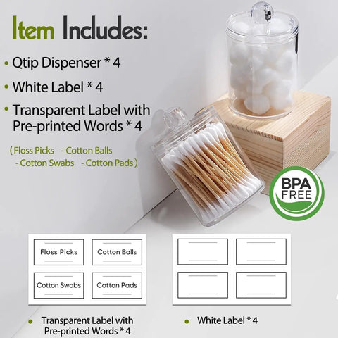 Super Practical Four Pack Clear Acrylic Qtip Holder Dispensers With Lids For Organizing Cotton Swabs Balls Pads And Floss Picks Comes With Labels In Two Sizes Twelve Ounce And Ten Ounce