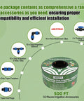500 Ft 5/8 Inch Drip Tape Irrigation Kit With 16 Mil Heavy Duty Reinforced PE Material and accessories shown