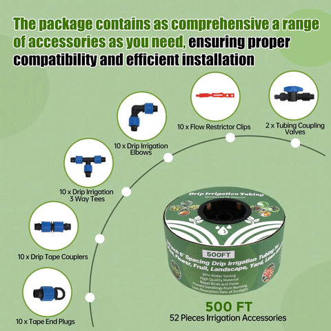 500 Ft 5/8 Inch Drip Tape Irrigation Kit With 16 Mil Heavy Duty Reinforced PE Material and accessories shown