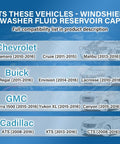 Compatibility chart for windshield washer fluid reservoir cap showing Chevy, Buick, GMC, Cadillac models and years.
