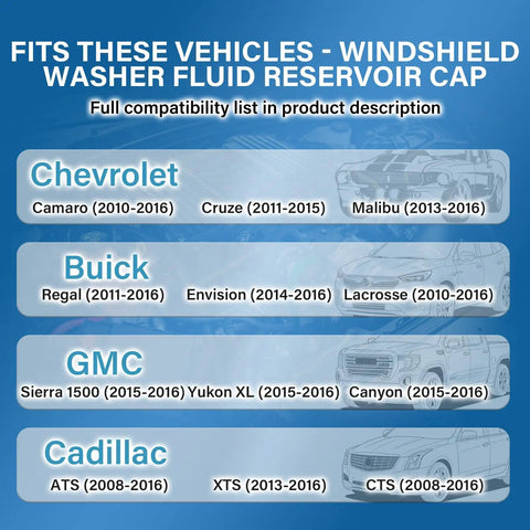 Compatibility chart for windshield washer fluid reservoir cap showing Chevy, Buick, GMC, Cadillac models and years.