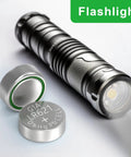 SR621SW Watch Battery 10 Pack Ag1 364 363 Alkaline Coin Button Cell Lr621 next to a black flashlight, showing coin size and material details.