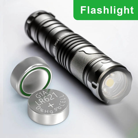 SR621SW Watch Battery 10 Pack Ag1 364 363 Alkaline Coin Button Cell Lr621 next to a black flashlight, showing coin size and material details.