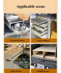 Heavy Duty Three Section Ball Bearing Drawer Slides With Locking Side Mount Cabinet Runners shown in various applications including kitchens and vehicles.