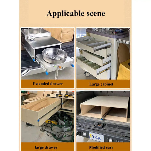 Heavy Duty Three Section Ball Bearing Drawer Slides With Locking Side Mount Cabinet Runners shown in various applications including kitchens and vehicles.