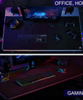 XXL Gaming Mouse Pad With Non Slip Rubber Base And Stitched Edges Beefy 31.5 By 15.7 Inches Extended Keyboard And Mouse Mat For Work Gaming Home Office Waterproof Desk Pad in use on desk setups for office and gaming demonstrated.
