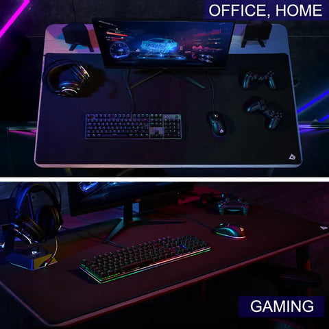 XXL Gaming Mouse Pad With Non Slip Rubber Base And Stitched Edges Beefy 31.5 By 15.7 Inches Extended Keyboard And Mouse Mat For Work Gaming Home Office Waterproof Desk Pad in use on desk setups for office and gaming demonstrated.