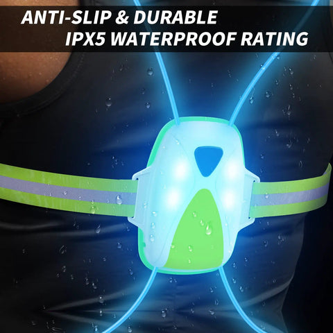 Close-up of LED Reflective Running Vest With Front Light For Runners And Cyclists showing green front light and reflective straps.