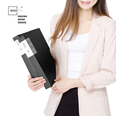 Woman holding six pack 40 pocket display binders with clear sheet protectors, 8.5 by 11 portfolio folders, black office binders