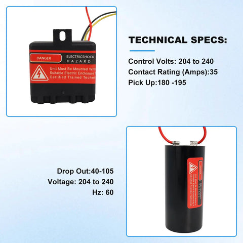 Technical specifications of Hard Start Kit For 3.5 To 5 Ton Air Conditioners, showing voltage and capacitor details