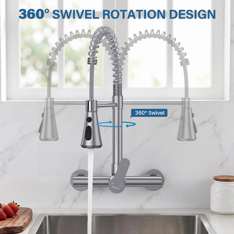 Hurran Wall Mount Kitchen Faucet, Commercial Utility Sink Faucet with 360° swivel design in chrome finish.