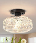 Semi Flush Mount Ceiling Light Fixture In Brushed Nickel With Globe Glass Shade, Industrial Farmhouse Hallway Lighting For Entryway, Kitchen, Bathroom, Bedroom And Living Room, Bulb Not Included close-up showing intricate glass detail.