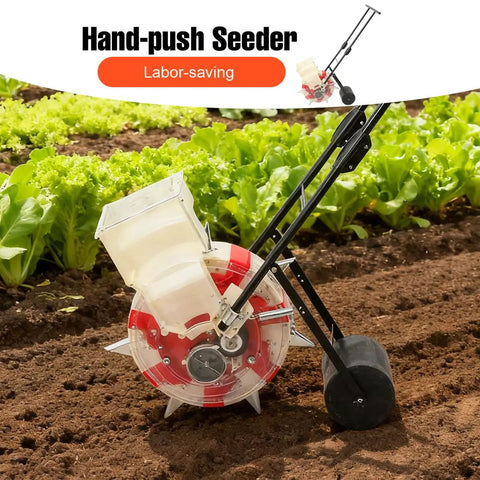 Hand Seed Spreader Roller Seeder in field with 8.27 lb capacity, clear window, ideal for corn, grass, vegetable planting