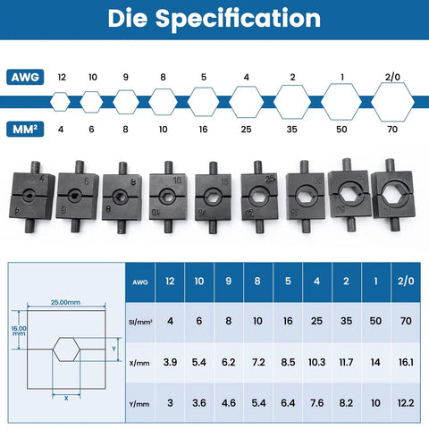 Die specification chart for Heavy Duty Hydraulic Wire Terminal Crimper Swager Kit With 9 Die Pairs For Battery Cable Lug Crimping