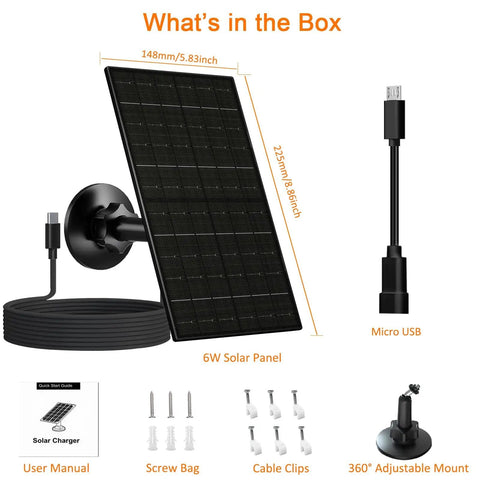 6W Outdoor Solar Panel Charger For Security Cameras With 5V USB Or USB-C Power Recharges Battery Cameras IP66 Waterproof