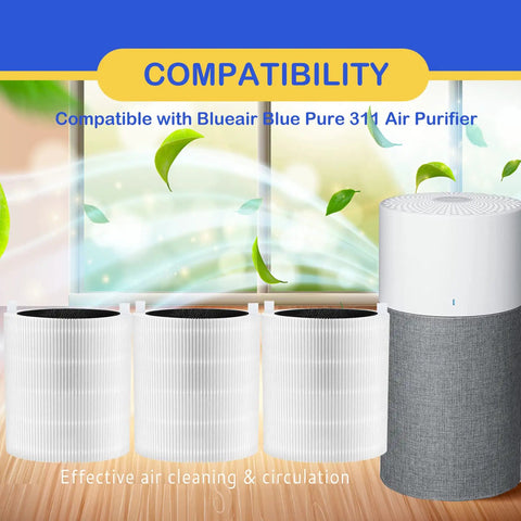 311 HEPA Replacement Filters 3 Pack For Blue Pure 311 Air Purifier next to the purifier in front of a bright window with plants