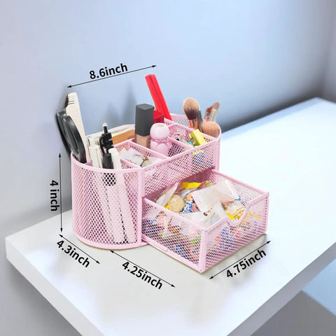 Desk Organizer With Pencil Holder And Drawer, 8 Compartments For Home Office And School, Cherry Blossom Pink, Non Slip Base