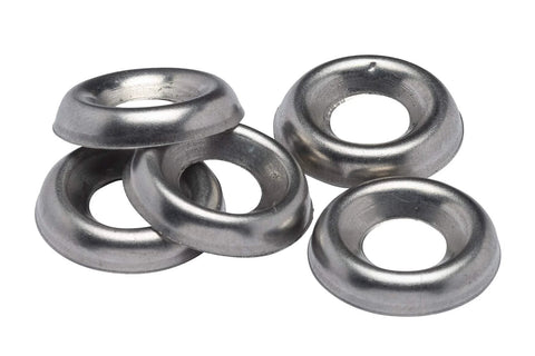 Stainless steel cupped washers No. 10, countersunk finish; five washers shown.