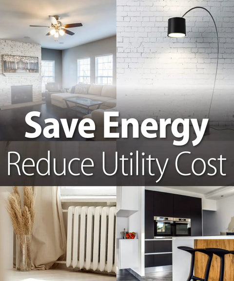 Living room and kitchen interiors with 'Save Energy Reduce Utility Cost' text overlay.