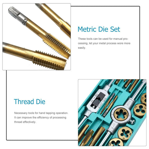 Ultimate 20pcs Metric Thread Tap And Die Set With Alloy Steel Handles For Fast Hand Threading On Metal Parts Perfect For Machining And DIY Fixing Jobs. close-up metric taps and dies in teal storage case