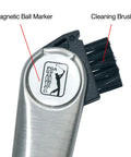 Close-up of All In One Golf Multi Tool With Divot Repair Tool Ball Marker And Club Groove Brush Pen And Keyring showing marker and brush.