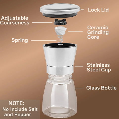 Manual Salt And Pepper Grinder Set With Ceramic Blades, Adjustable Coarseness, Stainless Steel Cap, Refillable Glass Body