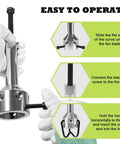 Ultimate Fan Blade Hub And Blower Wheel Puller Remover Tool installation steps on stainless steel puller with gloves.