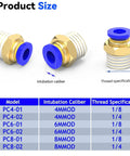 Diagram of 20 Pack Push To Connect Pneumatic Fittings 4mm Tube OD To One Quarter Inch with size specifications.