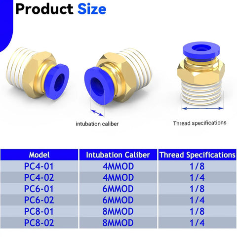 Diagram of 20 Pack Push To Connect Pneumatic Fittings 4mm Tube OD To One Quarter Inch with size specifications.