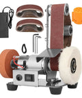 Compact Mini Belt Sander With 7 Variable Speed Settings, desktop tool with sanding belts and polishing wheel for wood and metal.