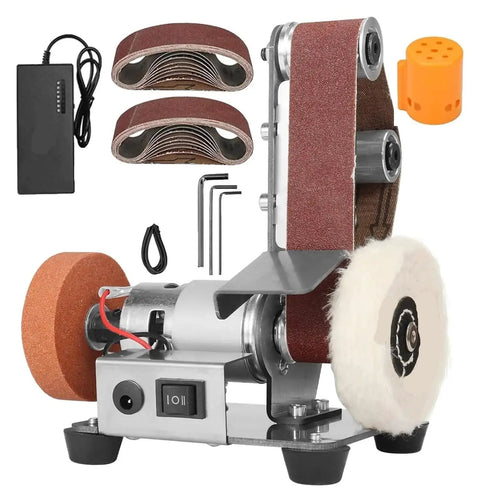Compact Mini Belt Sander With 7 Variable Speed Settings, desktop tool with sanding belts and polishing wheel for wood and metal.