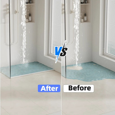 Comparison of shower floor with 39 Inch Shower Threshold Dam Barrier Silicone Shower Door Seal showing after and before installation.