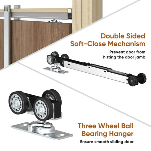No-Fuss Pocket Door Frame Kit for 2x4 Walls, 36 by 96 inches, illustrating soft-close mechanism and ball bearing hanger
