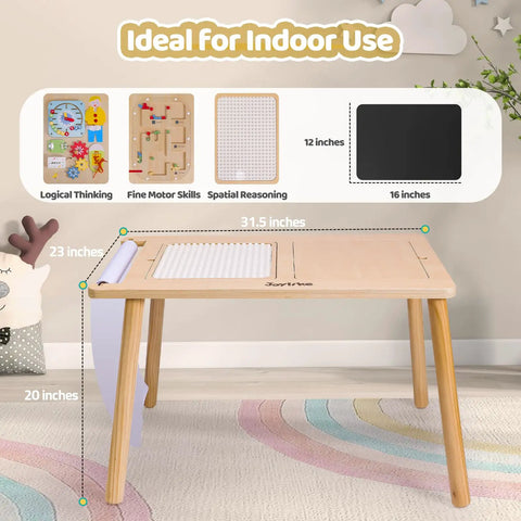 Wooden Sensory Table For Toddlers 1 To 3 With Two Large Storage Bins Four Montessori Activity Boards And Paper Roll Kid Friendly Educational And Multi Functional Gift For Kids To Draw And Play Fun, showing dimensions of 31.5 x 23 x 20 inches.