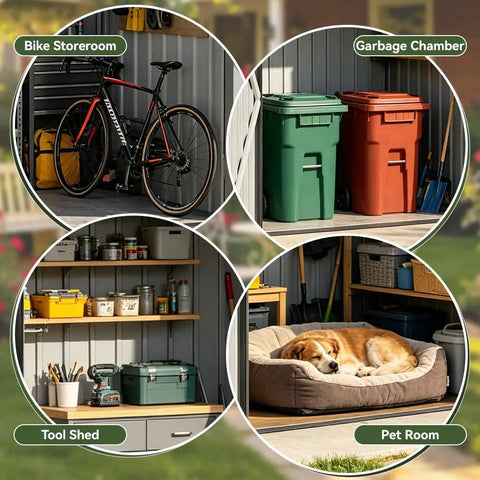 Heavy Duty Metal Storage Shed With Window, Lockable Garden Toolhouse, sections include Bike Storeroom, Garbage Chamber, Tool Shed, Pet Room.