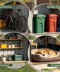 Outdoor Storage Shed With Window Lockable Garden Toolhouse For Backyard Use Ventilated Weather Resistant Durable Galvanized Steel Panels Built To Withstand Rain Wind And Snow Light Grey 6X4FT Backyard Workhorse displaying sections for bike storage, garbage bins, tool shed, and pet room.