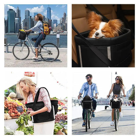 Front Dog Bike Basket For Small Pups Up To 11 Lbs Folding Pet Carrier mounted on bike and at a market