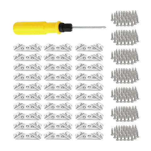 Sturdy Furniture Corner Connectors with screws and screwdriver for secure wood joints, DIY friendly install fasteners for cabinets, tables, and shelves.