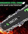 Close-up of 6-inch manganese steel chain on Mini Electric Chainsaw 6 Inch Cordless Handheld Saw With 880 Watt Motor Auto Oiler
