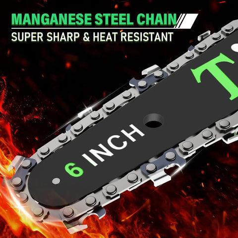 Close-up of 6-inch manganese steel chain on Mini Electric Chainsaw 6 Inch Cordless Handheld Saw With 880 Watt Motor Auto Oiler
