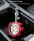 Best Selling Tire Pressure Gauge For Cars And Motorcycles With ANSI B40.1 Precision, 5 To 60 PSI, Extended 360 Degree Swivel Head, Hold And Bleed Button, Dual Guard, Battery Free, Compact Design And Easy Read Dial For Fast Accurate Checks in red car interior, 4.3 inch